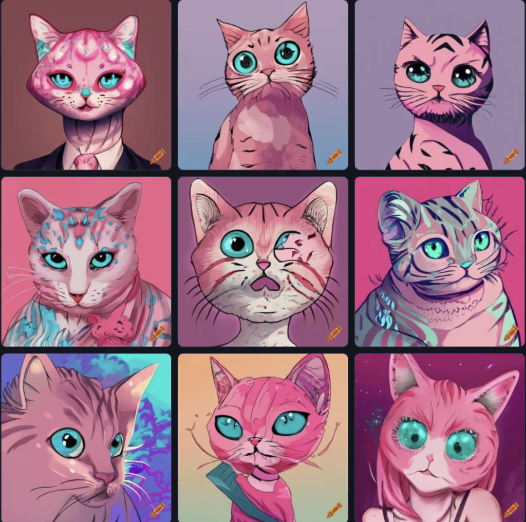 Image générée par l'intelligence artificielle Craiyon avec l'invite texte "A big pink cat with big turquoise eyes, drawn in a satirical manga style."