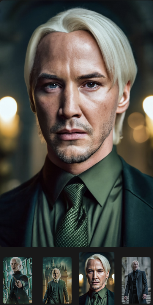 Image générée par l'intelligence artificielle Ideogram avec l'invite texte "Cinematic film still, Keanu Reeves as Draco Malfoy from Harry Potter"