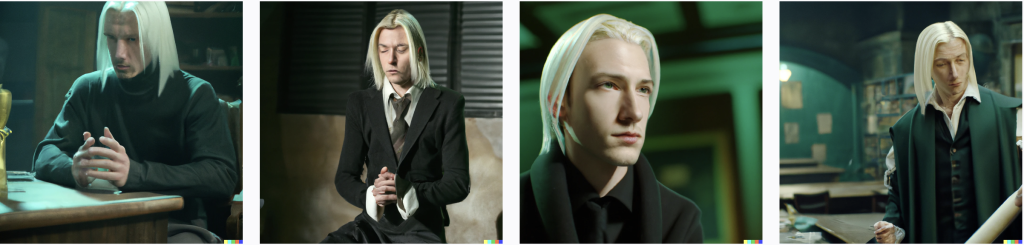 Image générée par l'intelligence artificielle Dall-E avec l'invite texte "Cinematic film still, Keanu Reeves as Draco Malfoy from Harry Potter"
