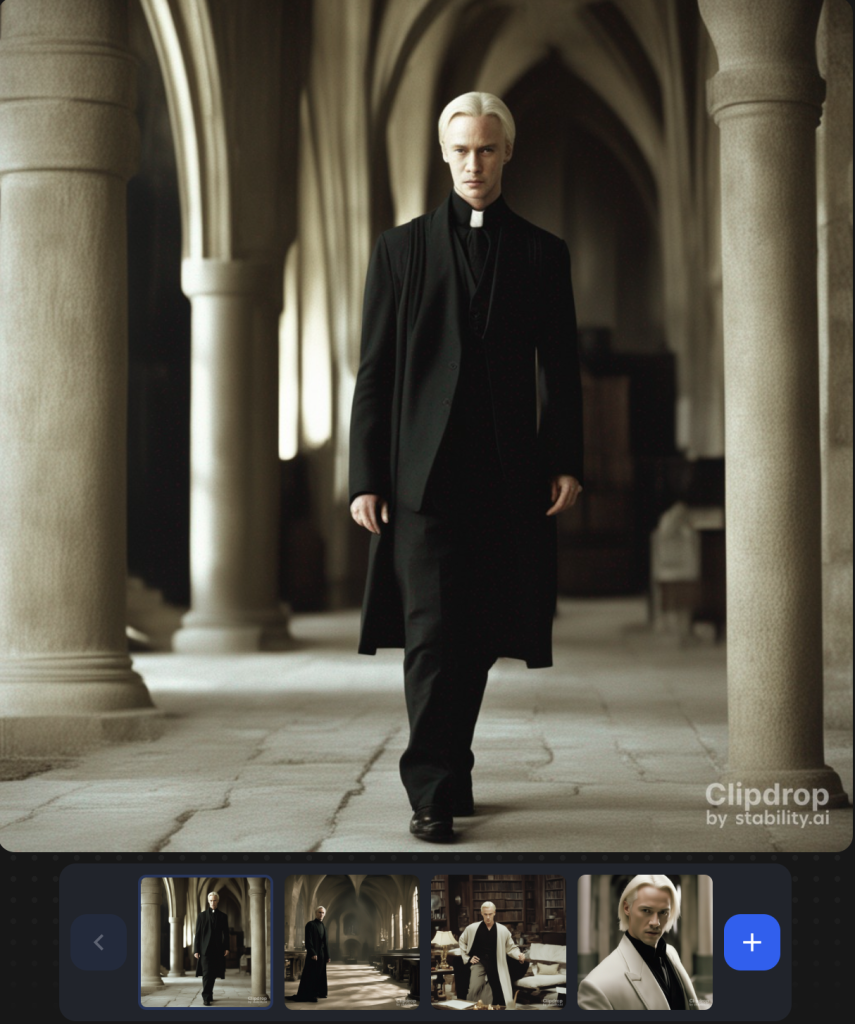 Image générée par l'intelligence artificielle Stable Diffusion avec l'invite texte "Cinematic film still, Keanu Reeves as Draco Malfoy from Harry Potter"