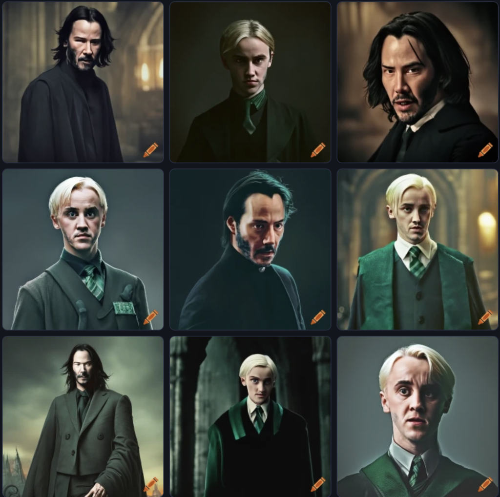 Image générée par l'intelligence artificielle Craiyon avec l'invite texte "Cinematic film still, Keanu Reeves as Draco Malfoy from Harry Potter"