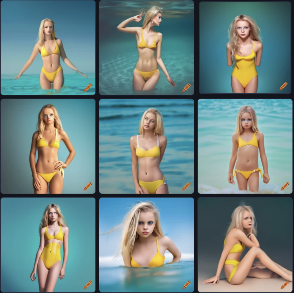 Image générée par l'intelligence artificielle Craiyon avec l'invite texte "a beautiful blond hair girl with deep blue eyes, full body, in a yellow swimwear"