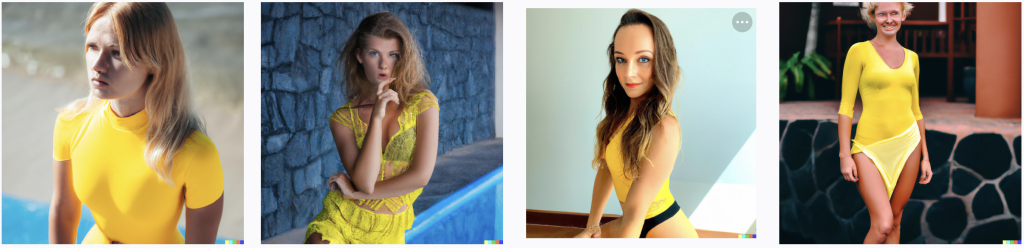 Image générée par l'intelligence artificielle Dall-e avec l'invite texte "a beautiful blond hair girl with deep blue eyes, full body, in a yellow swimwear"