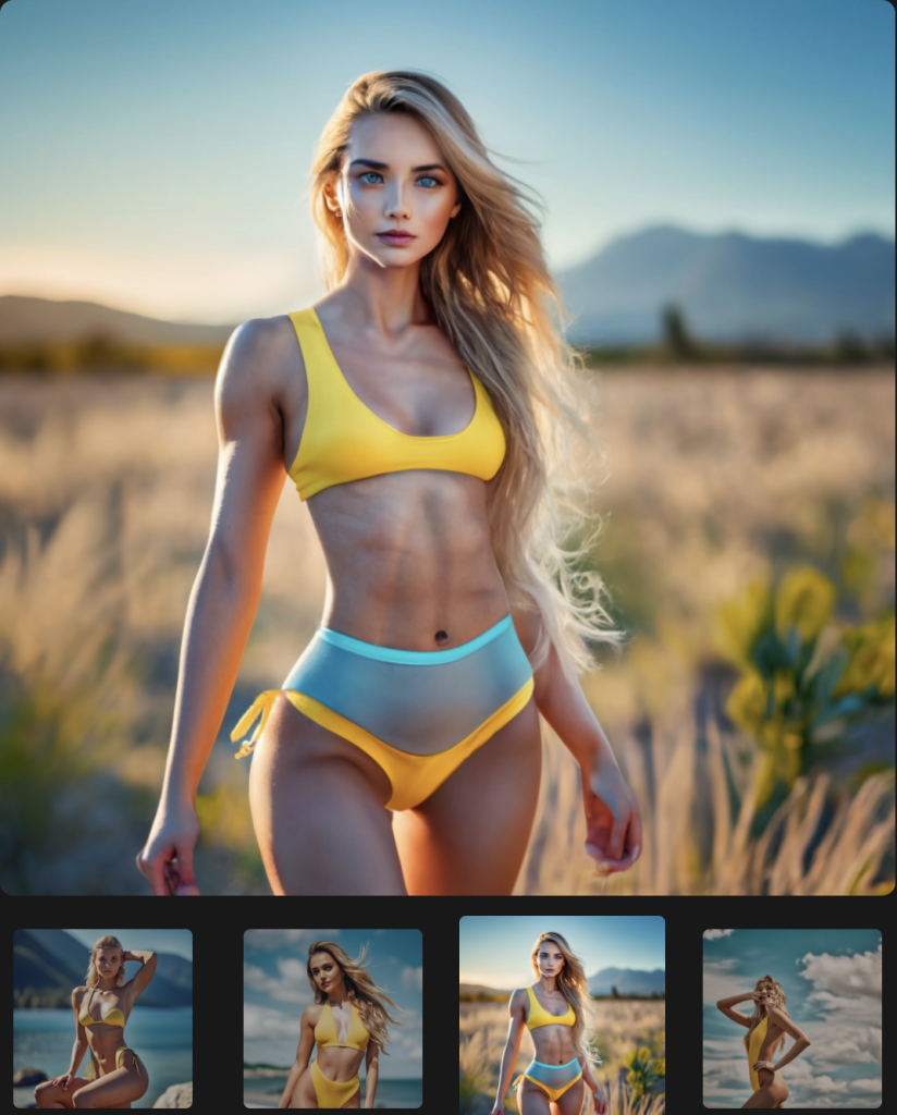 Image générée par l'intelligence artificielle Ideogram avec l'invite texte "a beautiful blond hair girl with deep blue eyes, full body, in a yellow swimwear"