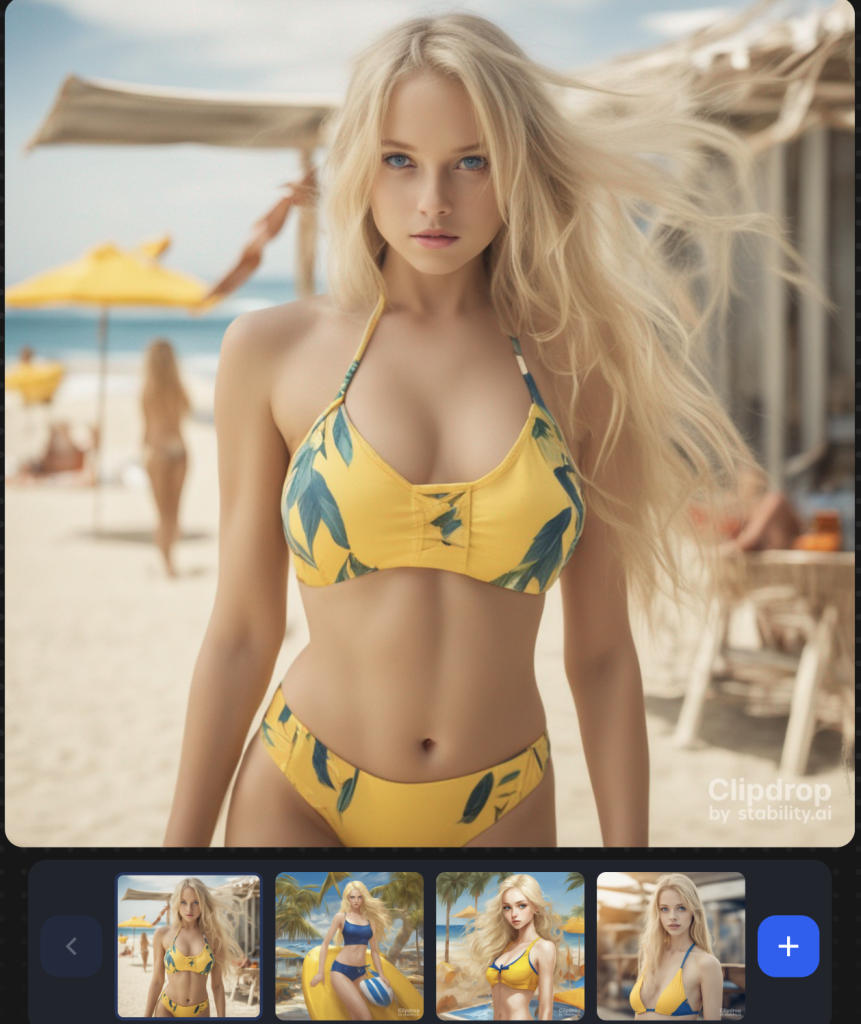 Image générée par l'intelligence artificielle Stable Diffusion avec l'invite texte "a beautiful blond hair girl with deep blue eyes, full body, in a yellow swimwear"