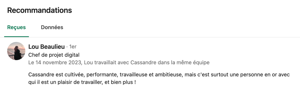 Recommandation LinkedIn sur le profil de Cassandre Stern.