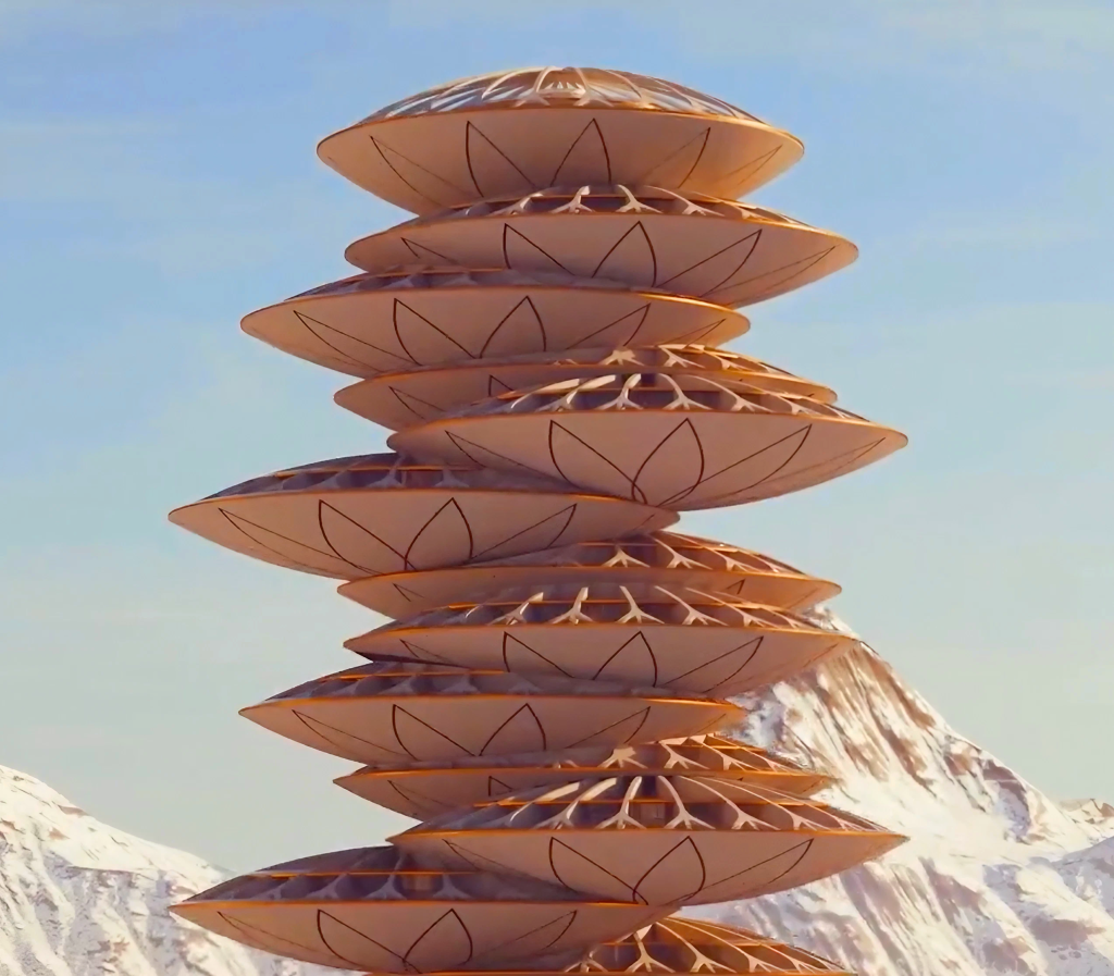 Le sommet de la tour à l'intérieur du Mukaab, alors que l'écran géant diffuse un paysage de chaîne de montagne.