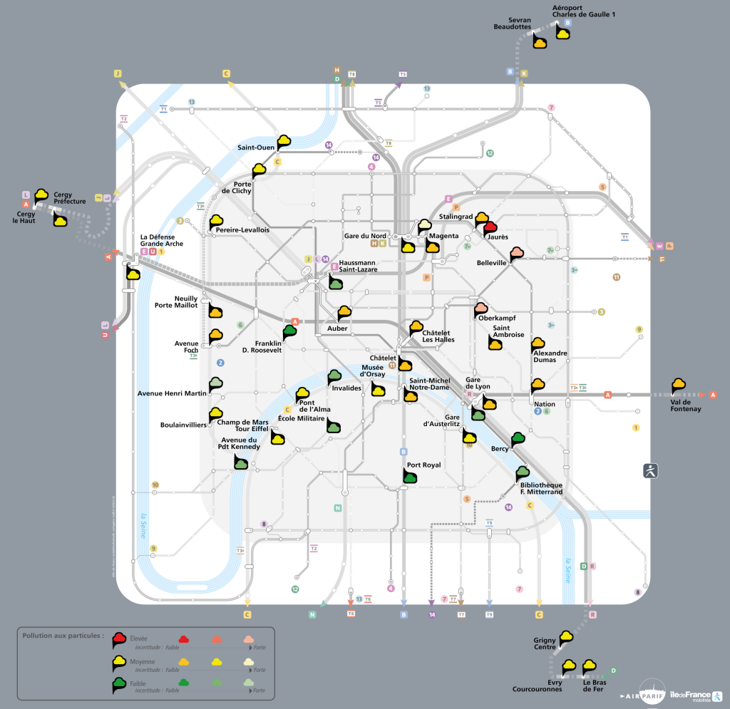 La première carte de la pollution des stations de métro, de RER et de Transiliens de Paris réalisée par Airparif, début 2024.