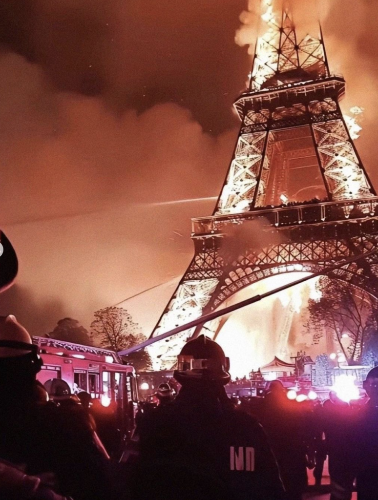 La Tour Eiffel en feu, entourée de pompiers.