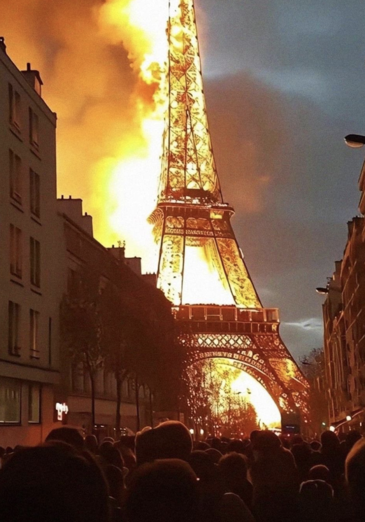 La Tour Eiffel en feu vue depuis une rue proche.
