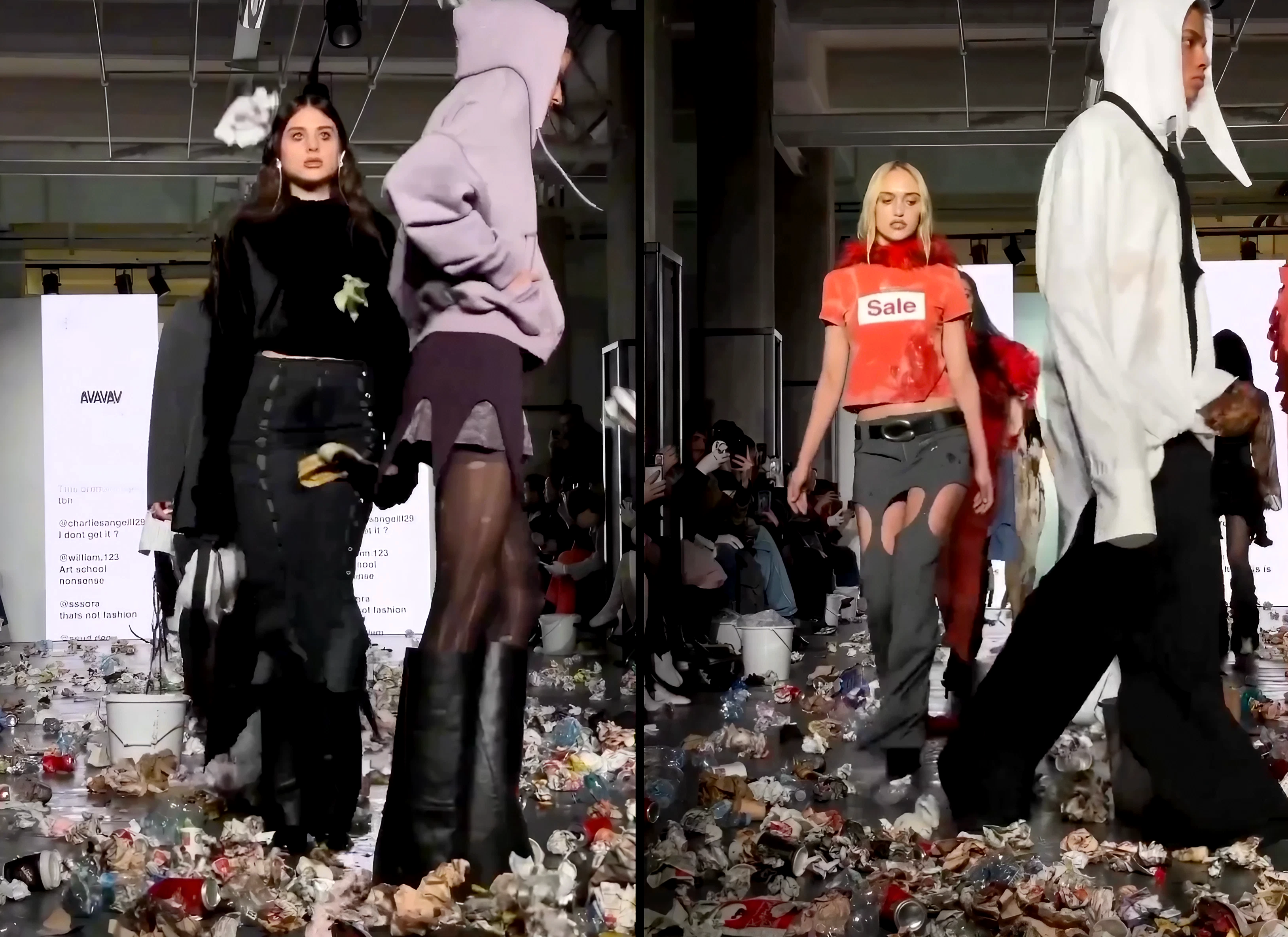 Au défilé de Avavav, le public peut jeter des déchets sur les mannequins