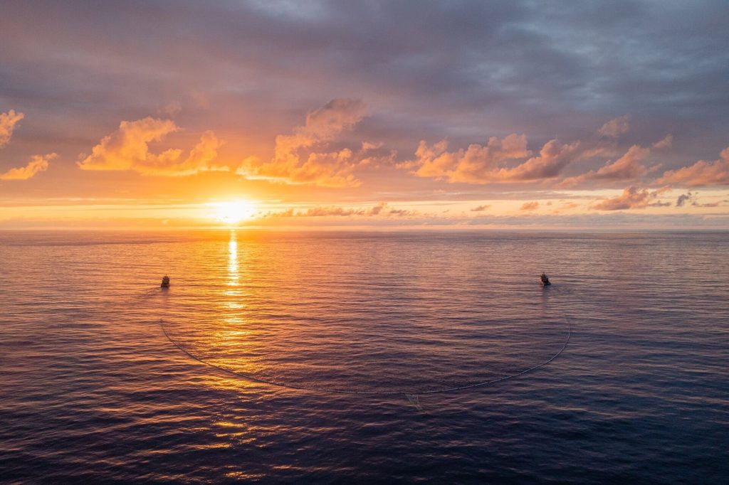Une photographie aérienne de System 03 de Ocean Cleanup évoluant dans l'océan Pacifique.