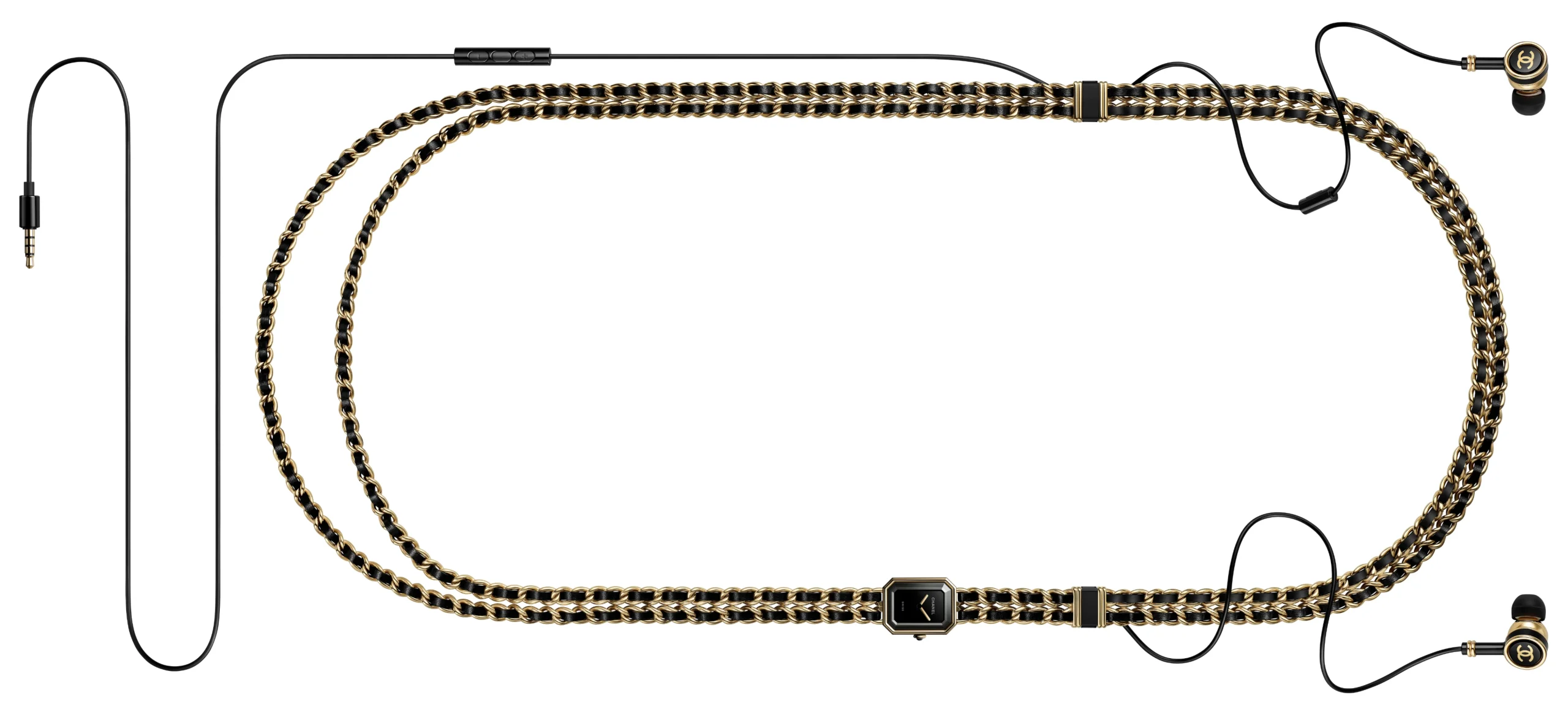 La montre PREMIÈRE SOUND de Chanel avec des écouteurs filaires attachés.